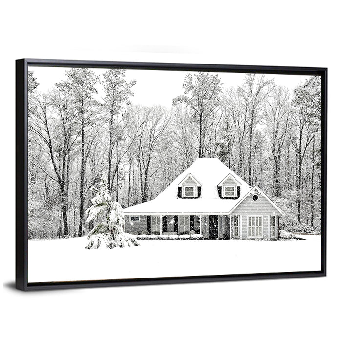 Frosty Winter House Landscape Wall Art as a framed canvas