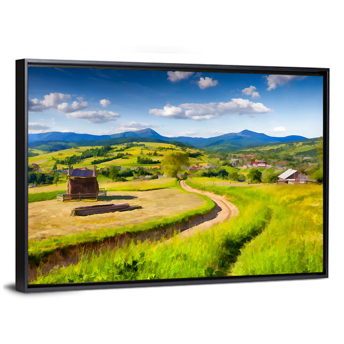 Summer Mountain Village Wall Art as a framed canvas