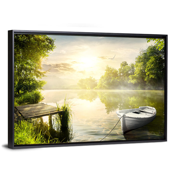 Rowboat at Misty Dock Wall Art as a framed canvas