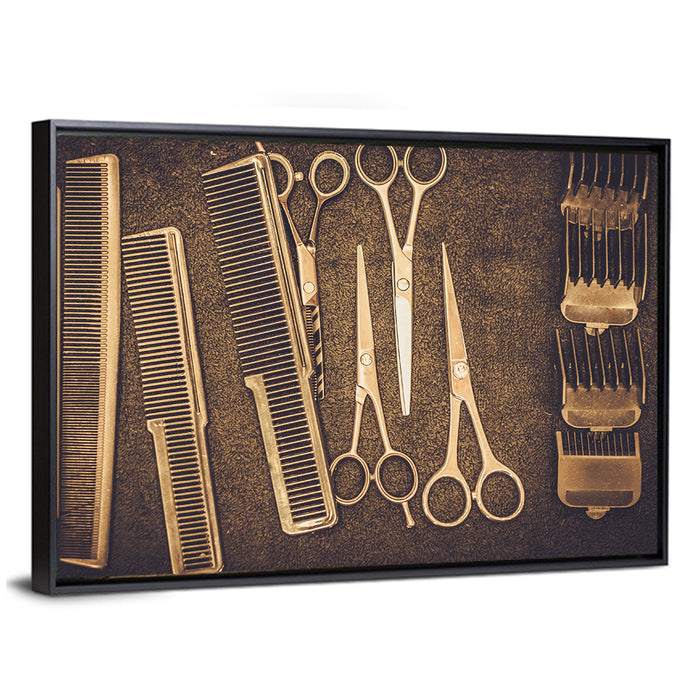 Barber Tools Flat Lay Wall Art as a framed canvas