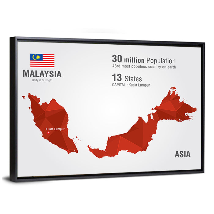 Malaysia Geometric Map Wall Art as a framed canvas