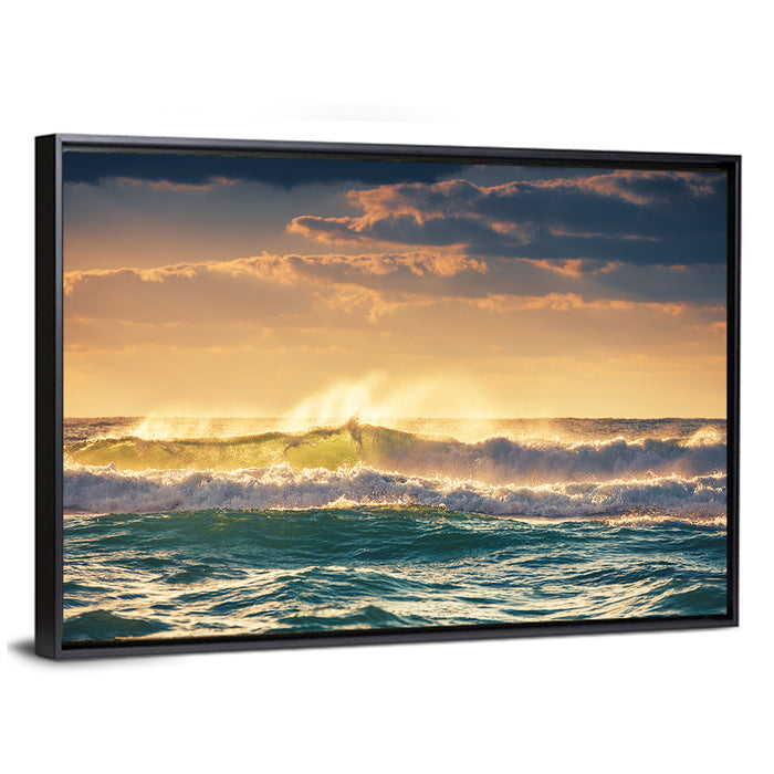 Golden Hour Breaking Waves Wall Art as a framed canvas