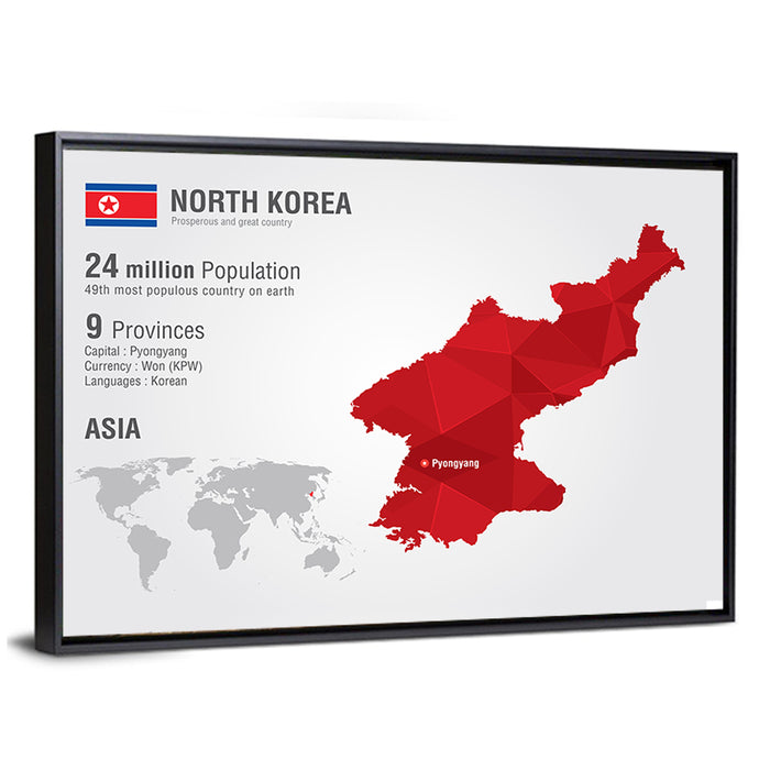 North Korea Geometric Map Wall Art as a framed canvas