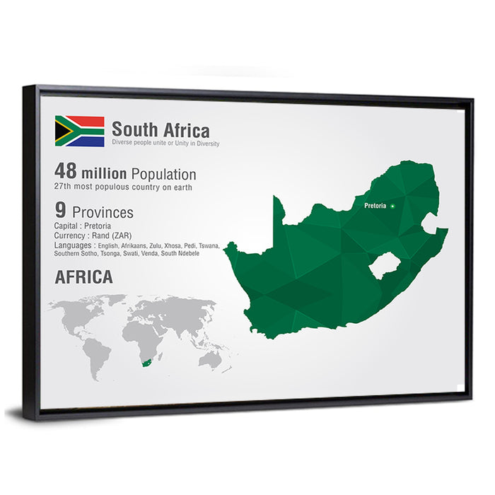 South Africa Geometric Map Wall Art as a framed canvas