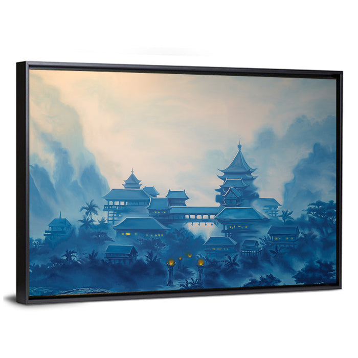Misty Chinese Mountain Temple Wall Art as a framed canvas