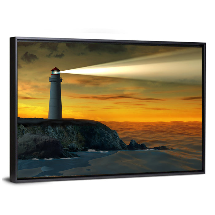 Solitary Lighthouse at Sunset Wall Art as a framed canvas