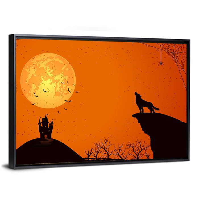 Howling Wolf Under Full Moon Wall Art as a framed canvas