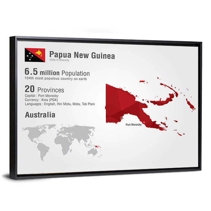 Papua New Guinea Map Infographic Wall Art as a framed canvas