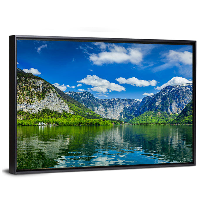 Hallstatt Lake Reflection Wall Art as a framed canvas