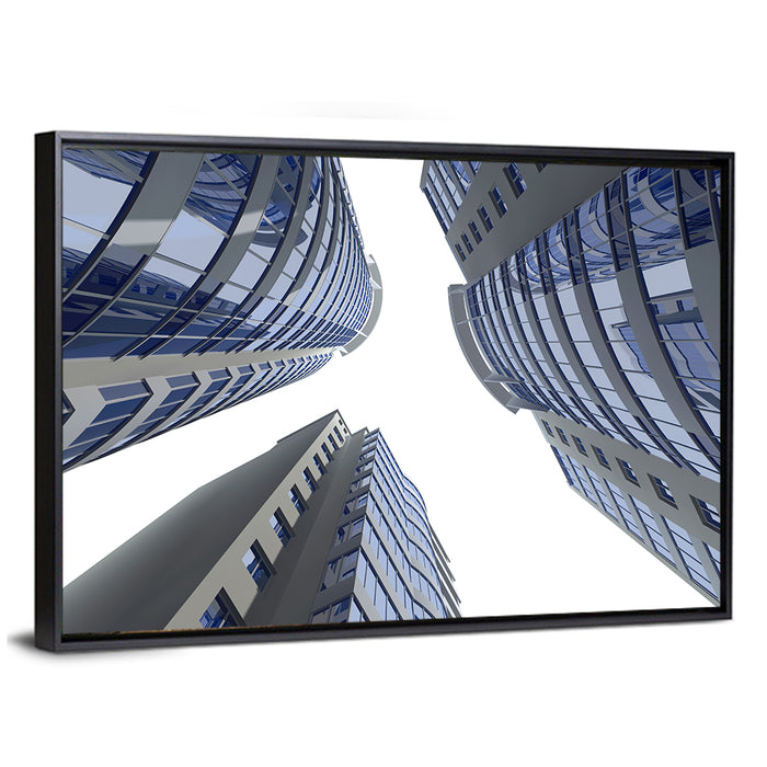 Blue Glass Skyscrapers Wall Art as a framed canvas