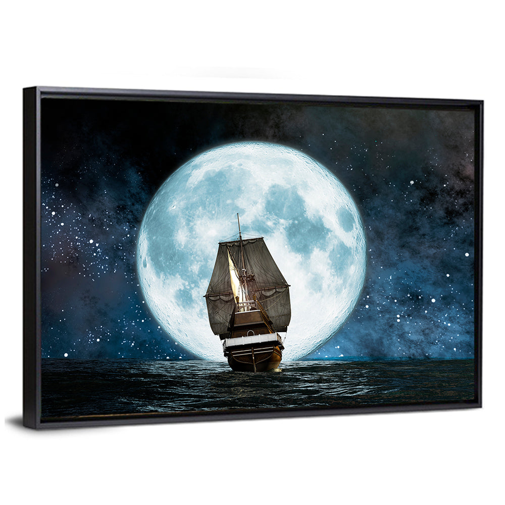 Sea Boat Under Moon Wall Art
