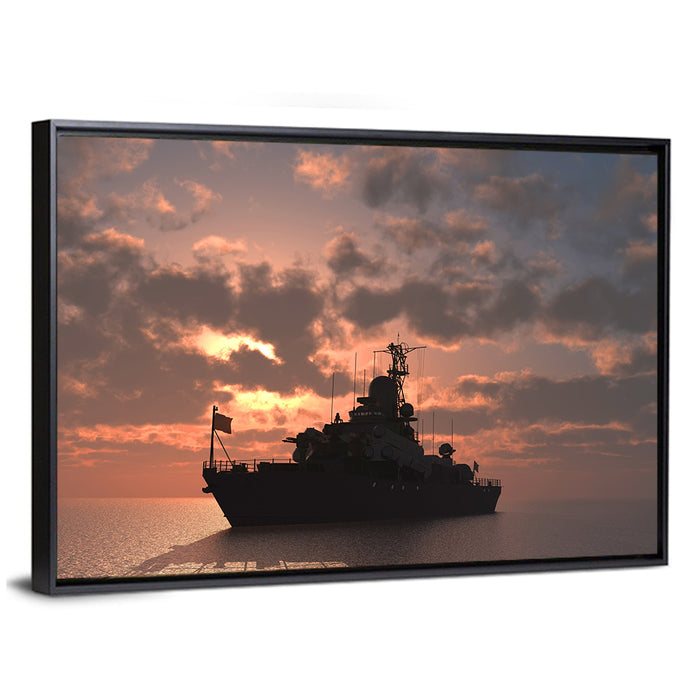 Warship Silhouette at Sunset Wall Art as a framed canvas