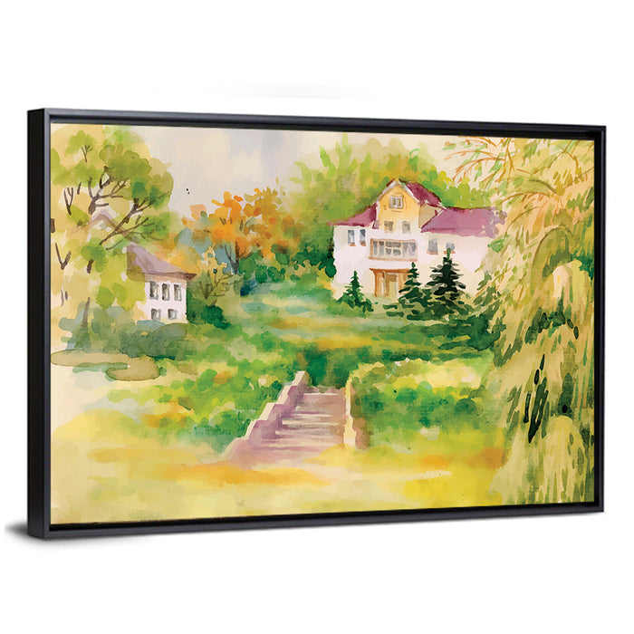 Hilltop House in Garden Illustration Wall Art as a framed canvas