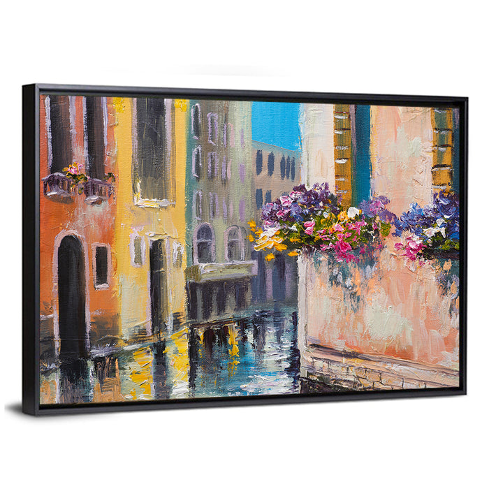 Venice Canal with Flower Boxes Wall Art as a framed canvas
