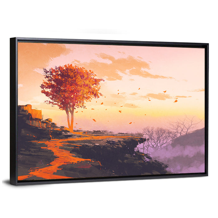 Melting Autumn Tree on Cliff Wall Art as a framed canvas