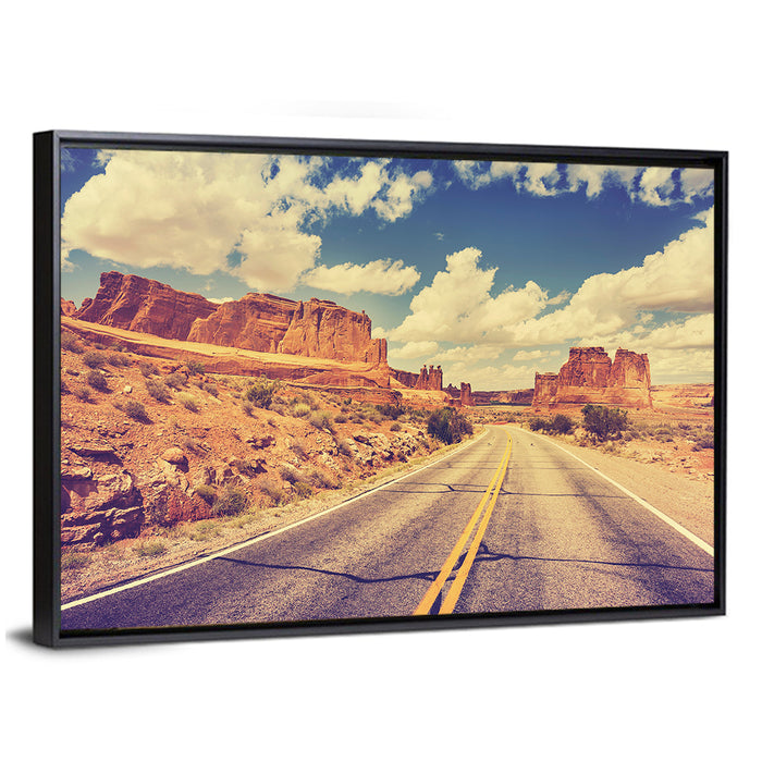 Vintage Desert Road USA Wall Art as a framed canvas
