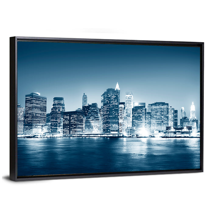 New York Night Skyline Reflection Wall Art as a framed canvas