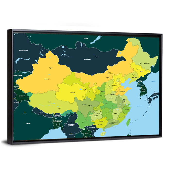 Political Map of China Wall Art as a framed canvas