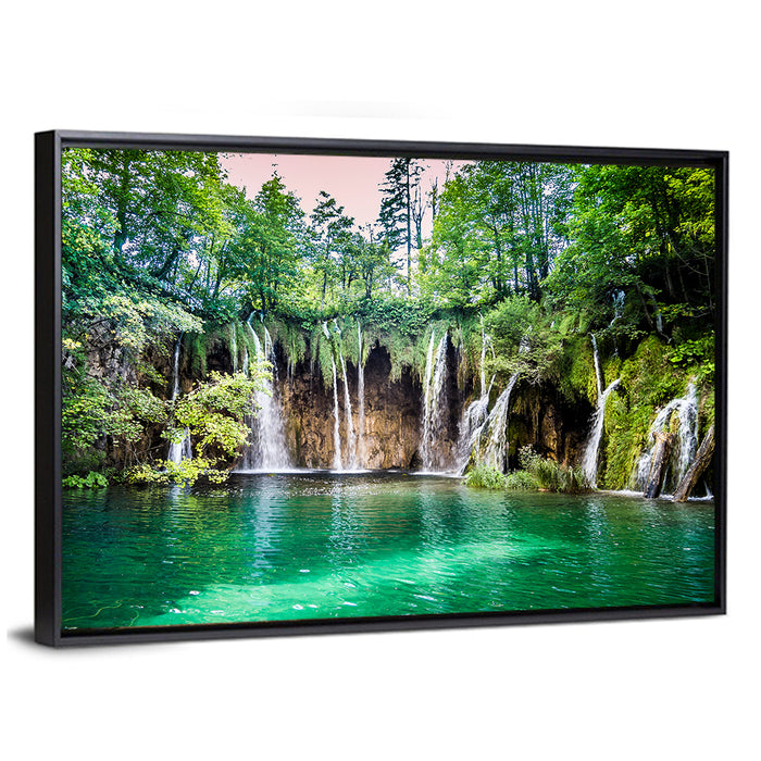 Plitvice Lakes Waterfalls Wall Art as a framed canvas