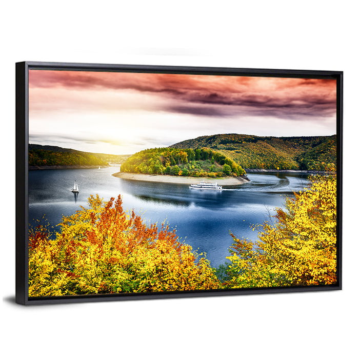 Autumn Sunset Over Lake with Boat Wall Art as a framed canvas
