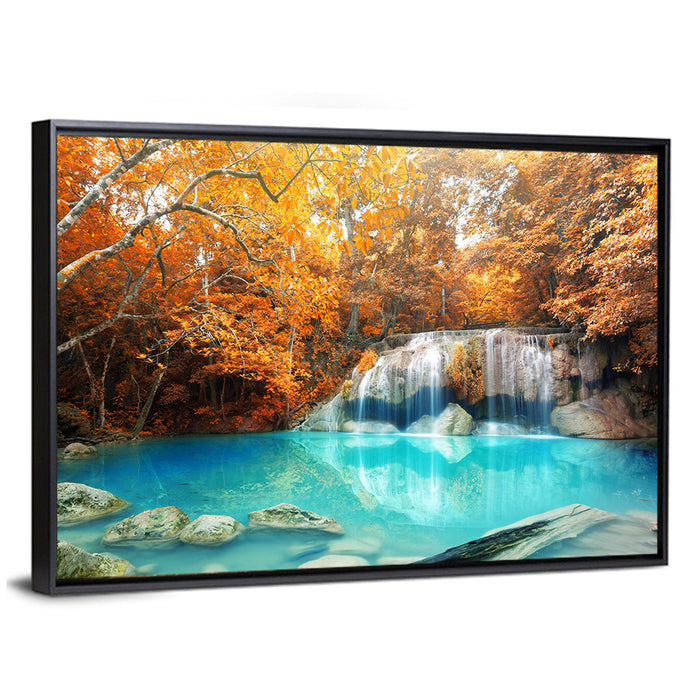 Erawan Waterfall Autumn Reflection Wall Art as a framed canvas