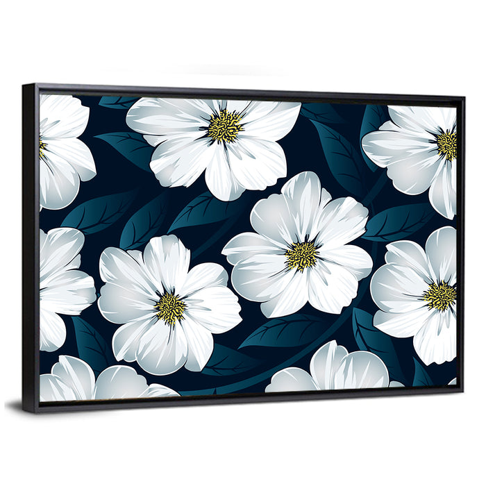 White Flowers on Navy Pattern Wall Art as a framed canvas