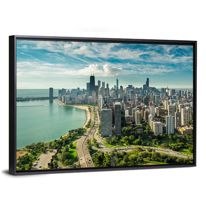 Chicago Lakefront Skyline Wall Art as a framed canvas