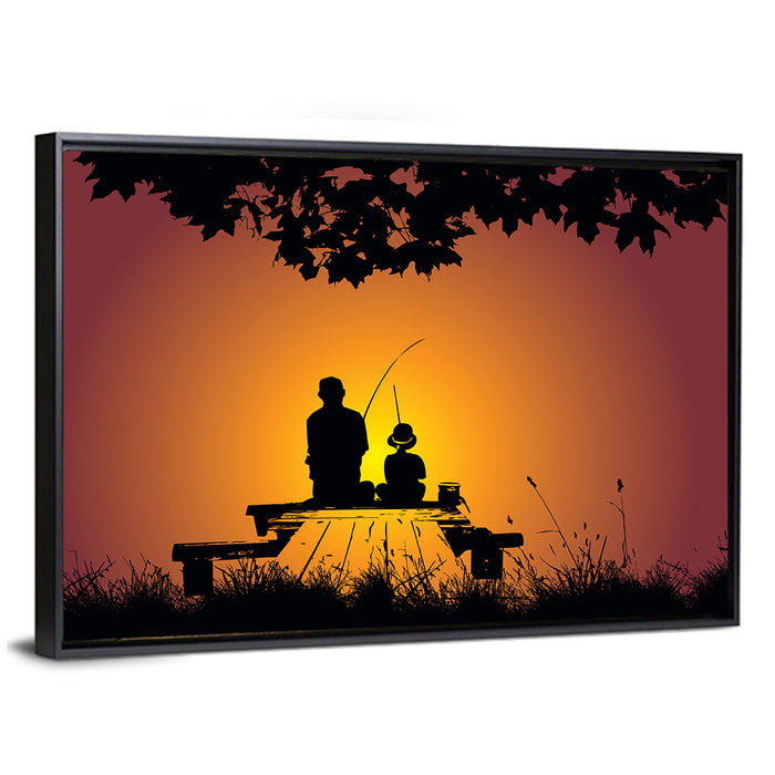 Dockside Sunset Fishing Silhouette Wall Art as a framed canvas