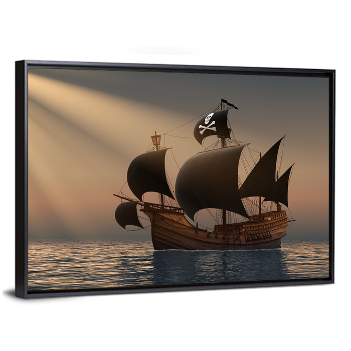 Pirate Ship at Sunset Wall Art as a framed canvas