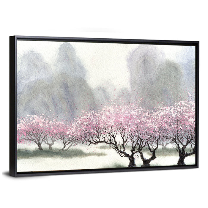Cherry Blossom Orchard by the River Wall Art as a framed canvas