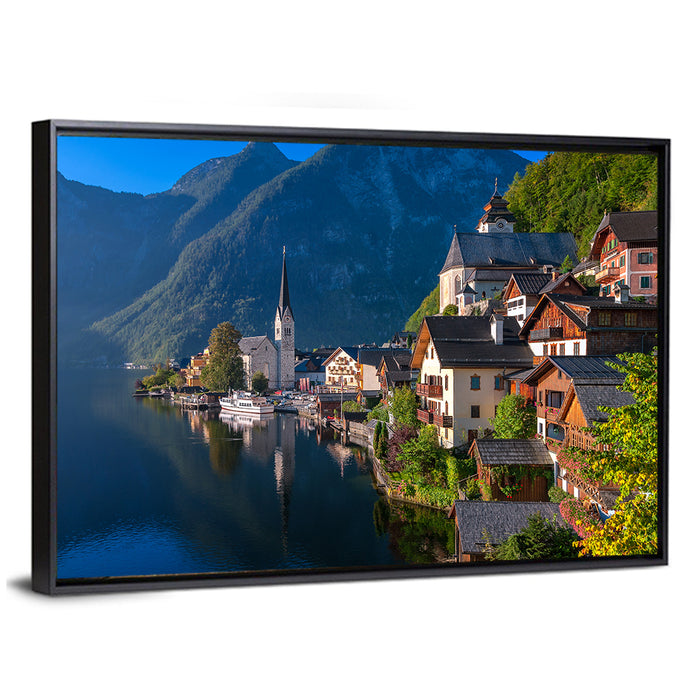 Hallstatt Lakeside Reflections Wall Art as a framed canvas