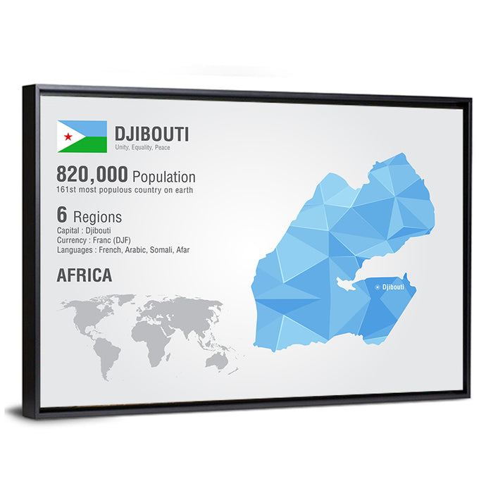 Djibouti Geometric Infographic Map Wall Art as a framed canvas
