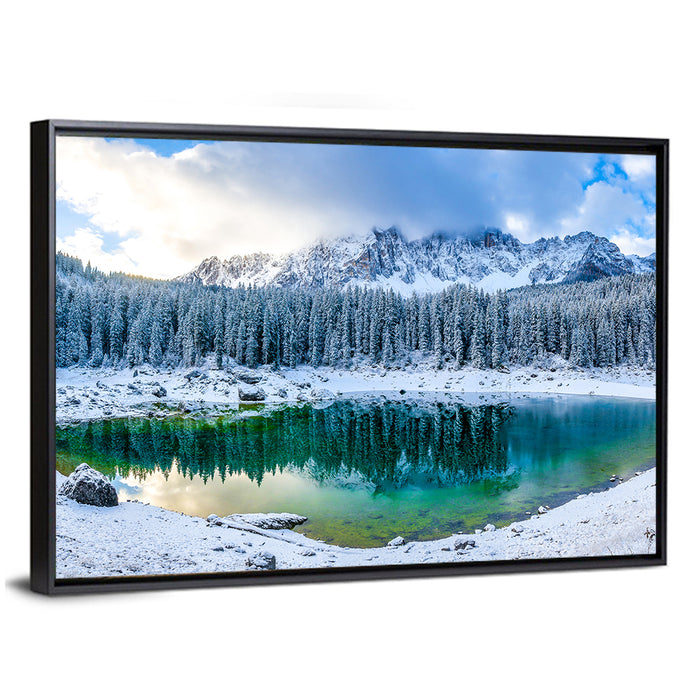 Snowy Mountain Lake Reflection Wall Art as a framed canvas