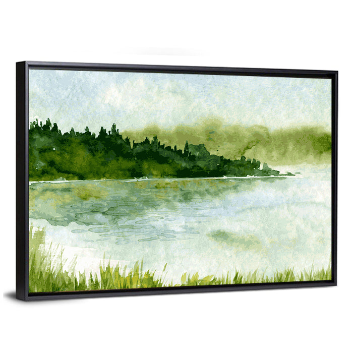 Misty Spruce Lake Landscape Wall Art as a framed canvas