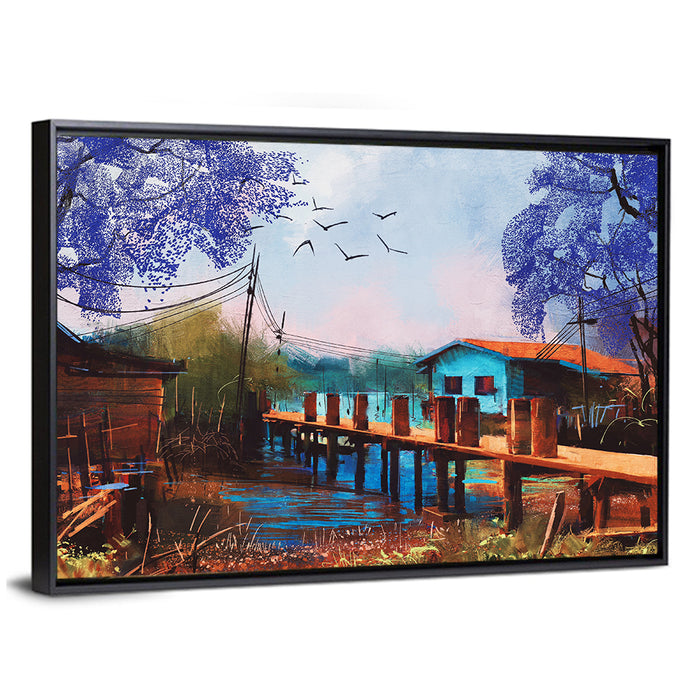 Rustic Fishing Village Pier Wall Art as a framed canvas