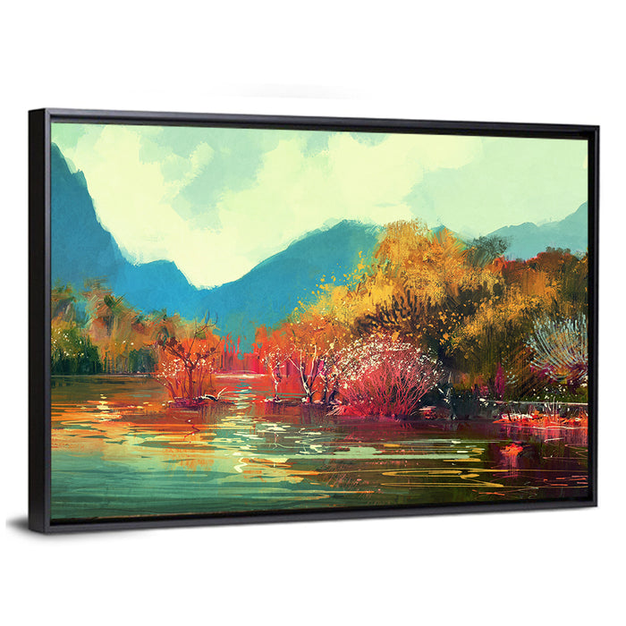 Golden Autumn Lake Reflection Wall Art as a framed canvas