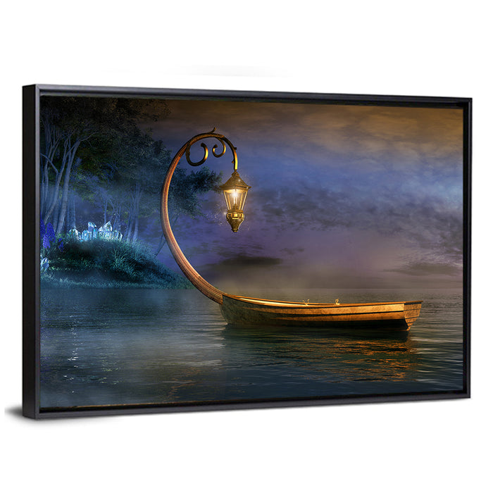 Lantern Boat on a Misty Lake Wall Art as a framed canvas