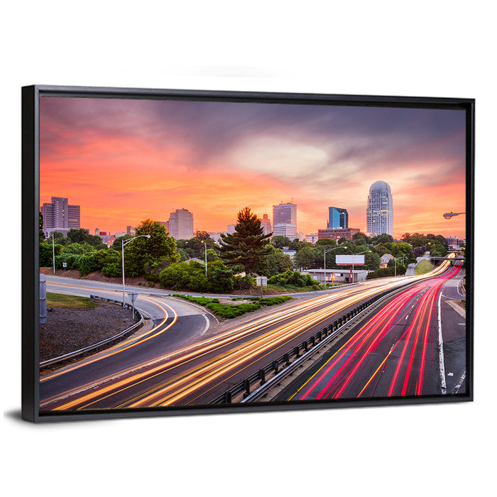 Winston-salem Dusk Skyline with Light Trails Wall Art as a framed canvas
