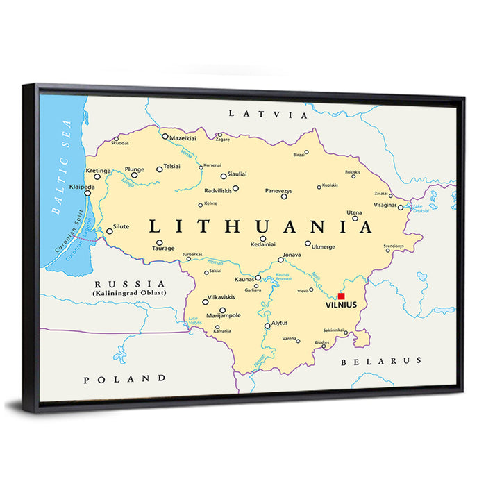 Lithuania Political Map Wall Art as a framed canvas