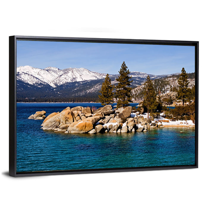 Lake Tahoe Winter Shoreline Wall Art as a framed canvas