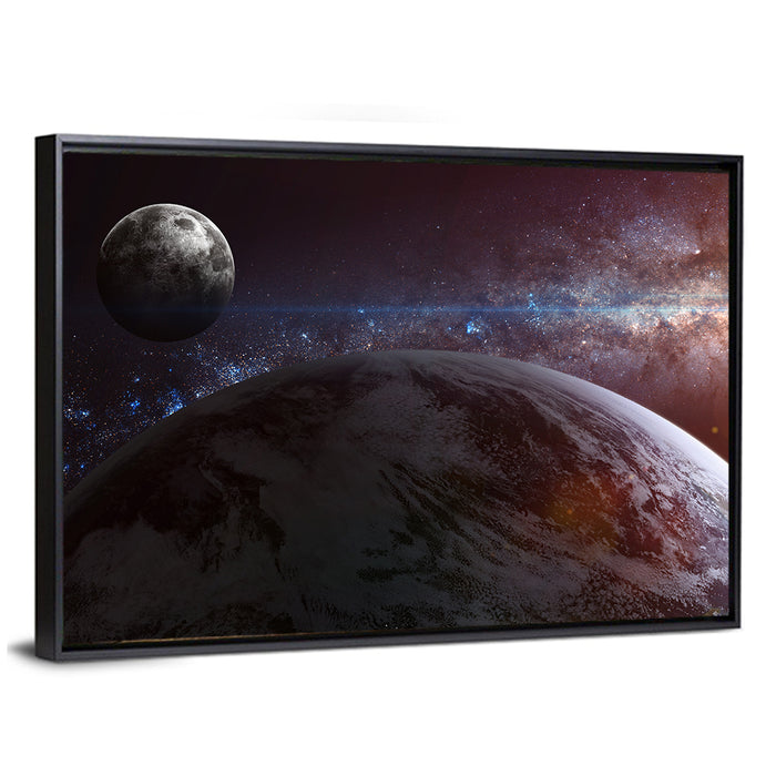 Earth and Moon Over Nebula Wall Art as a framed canvas