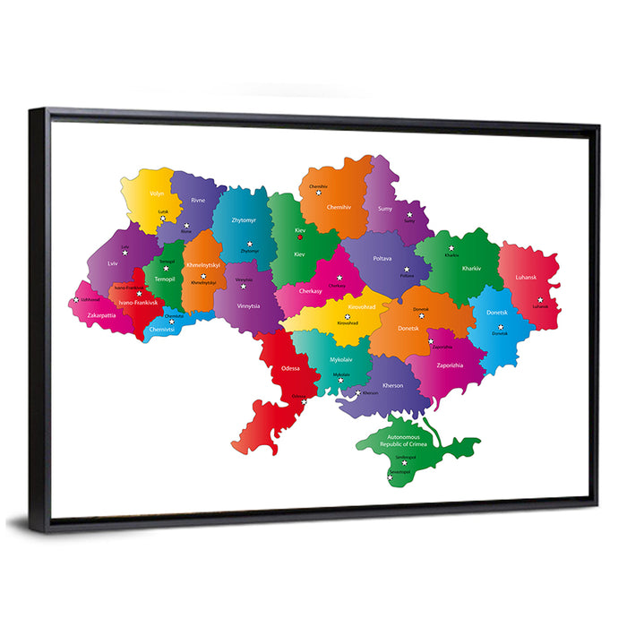 Colorful Ukraine Map Wall Art as a framed canvas