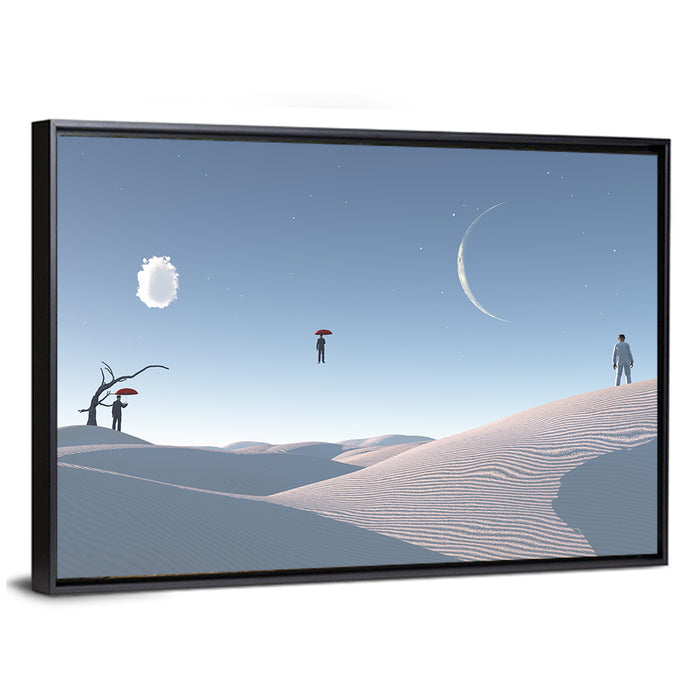 Red Umbrella in Surreal Desert Wall Art as a framed canvas