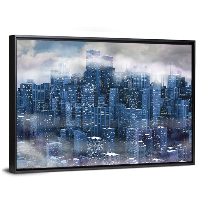 Misty Twilight City Skyline Wall Art as a framed canvas