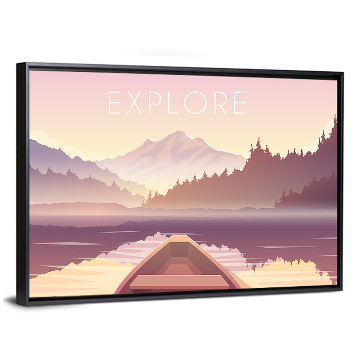 Explore Mountain Lake Sailing Illustration Wall Art as a framed canvas