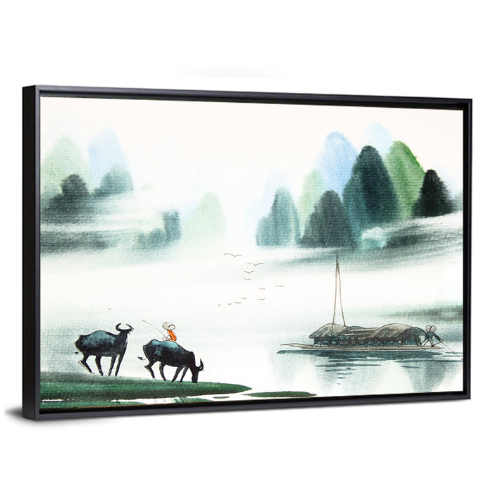 Water Buffalo in Misty Watercolor Wall Art as a framed canvas