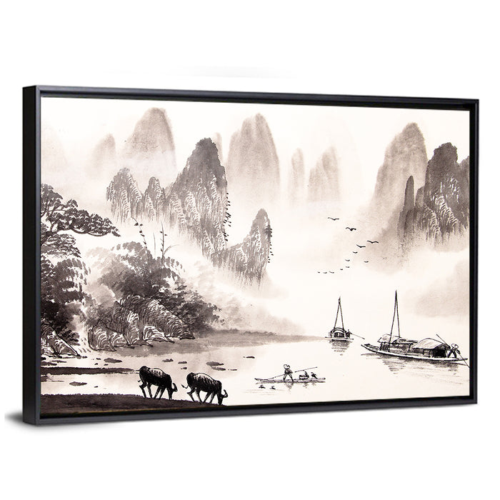 Misty Mountain Ink Wash Landscape Wall Art as a framed canvas
