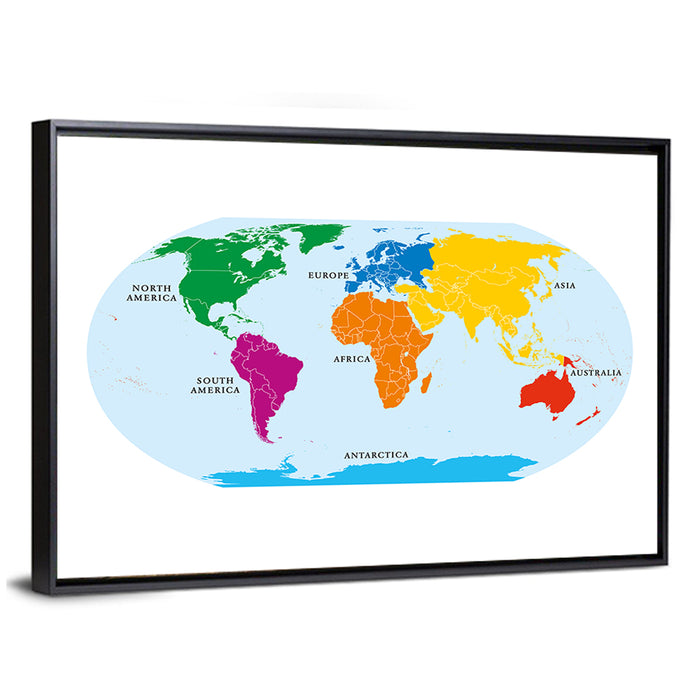 Color-coded Seven Continents Map Wall Art as a framed canvas