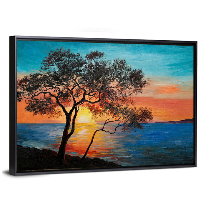 Lake Sunset with Twin Tree Silhouettes Wall Art as a framed canvas