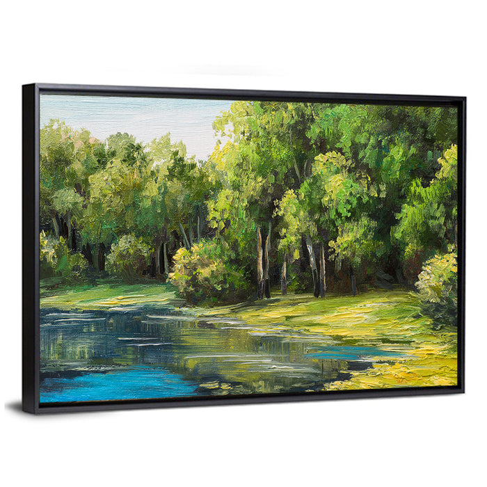 Tranquil Forest Lake Wall Art as a framed canvas